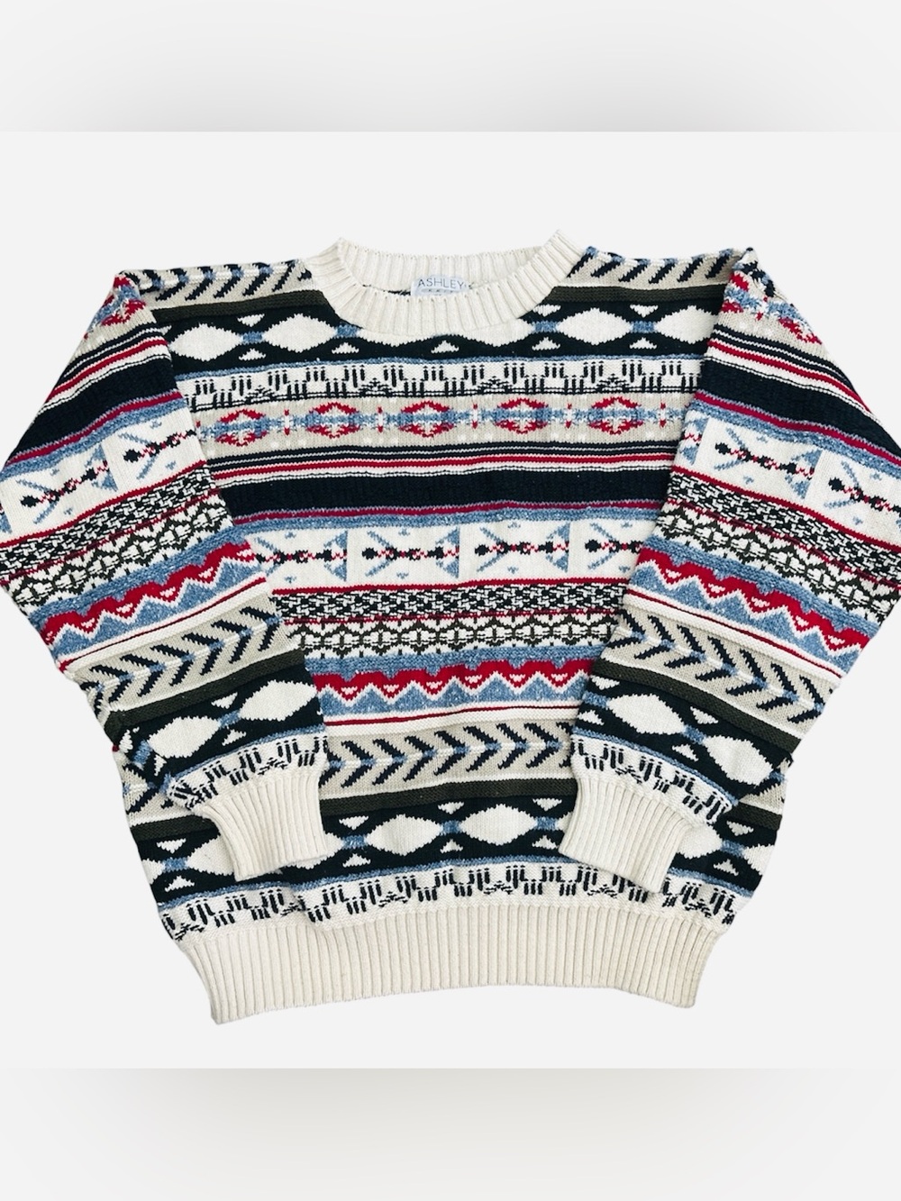 Ashley Made in USA Cream Multicolor Fair Isle Knit Sweater - Men